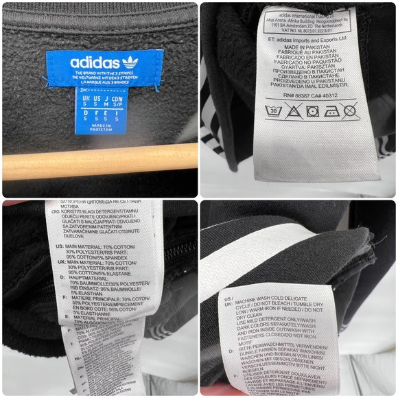 Adidas Originals Unisex Sweatshirt Small Black Stripes Embroidered Trefoil Logo - Picture 10 of 10